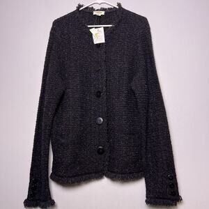 NWT Talbots Womens Sz XL Wool Alpaca Black Tweed Sweater Jacket Fringe Preppy